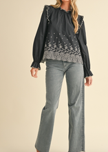 Load image into Gallery viewer, Black Ruffle &amp; Embroidered Long Sleeve Top
