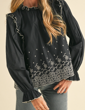 Load image into Gallery viewer, Black Ruffle &amp; Embroidered Long Sleeve Top
