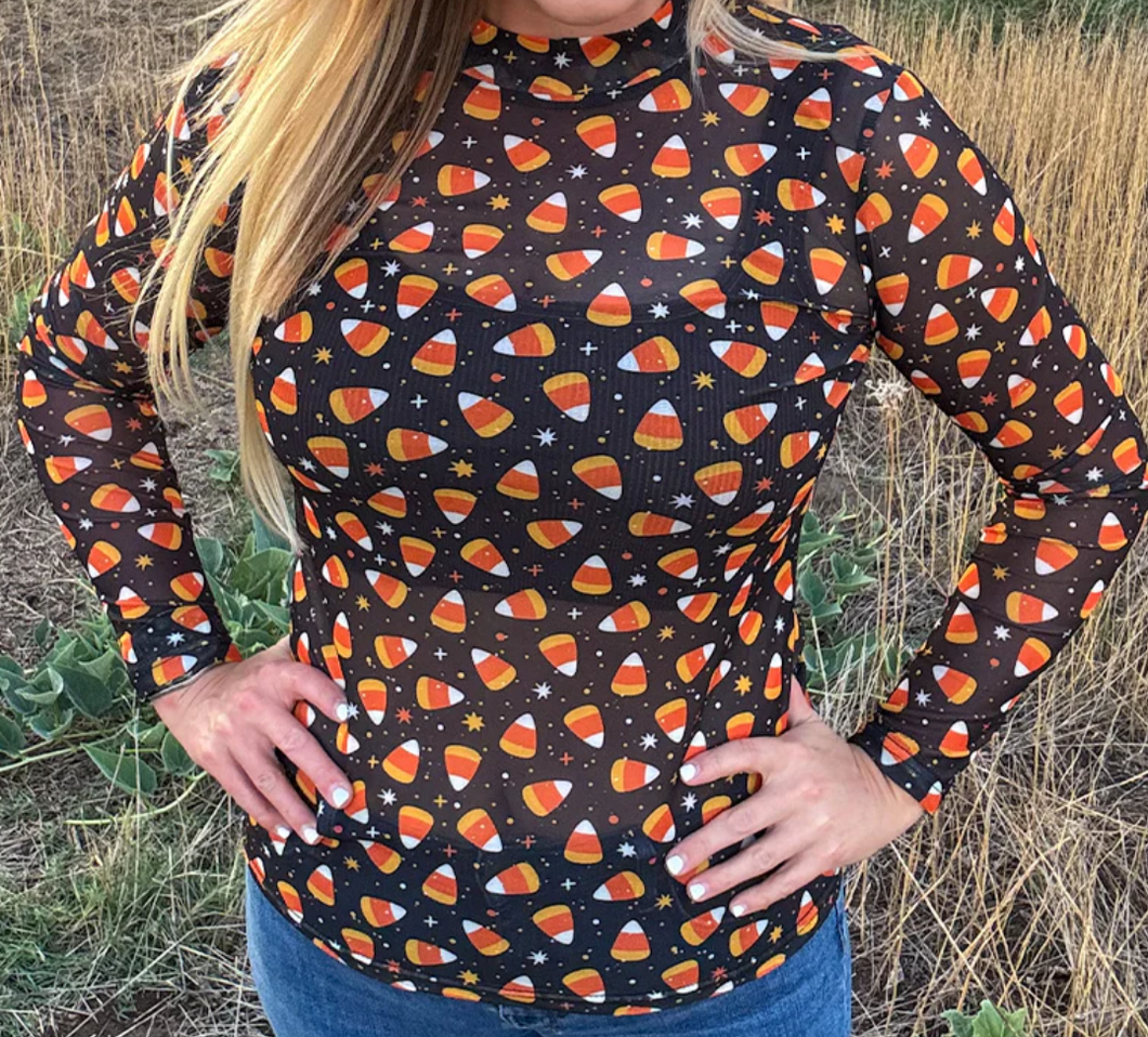 Candy Corn Mesh Long Sleeve Top