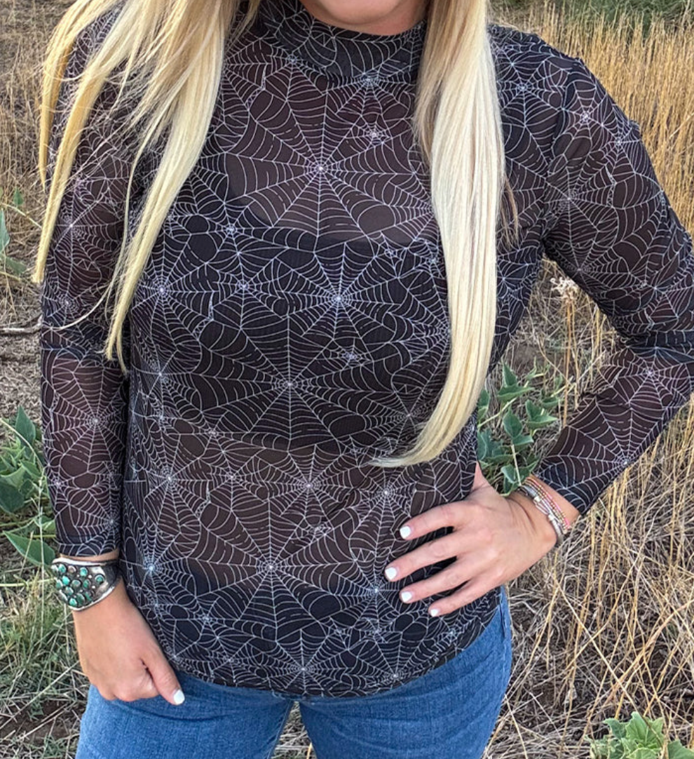 Black Spider Web Mesh Long Sleeve Top