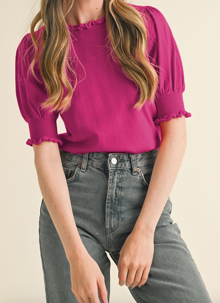 Dark Magenta Ruffle Trim & Puff Sleeve Short Sleeve Sweater