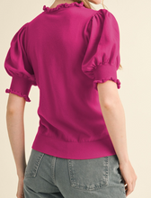 Load image into Gallery viewer, Dark Magenta Ruffle Trim &amp; Puff Sleeve Short Sleeve Sweater
