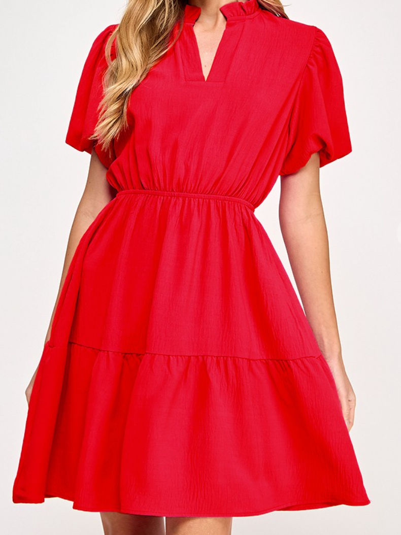 Red V-Neck Ruffle Short Sleeve Dress