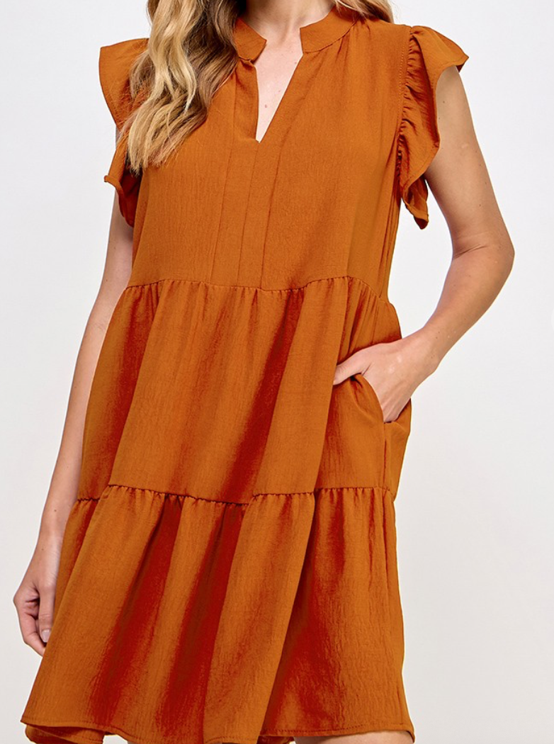 Rust V-Neck Ruffle Cap Sleeve Dress