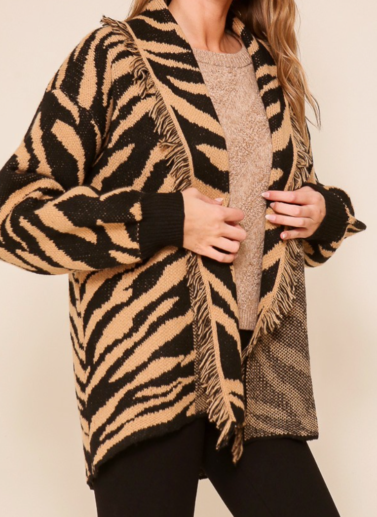Tiger Animal Print Frayed Cardigan