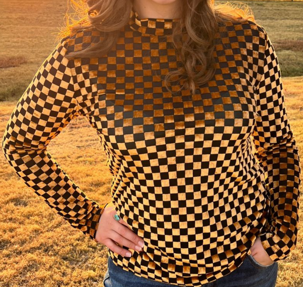 Black & Gold Checker Velvet Mesh Long Sleeve Top