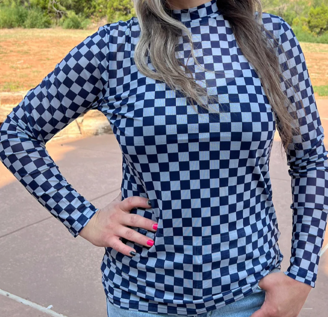 Light Blue & Dark Blue Checker Long Sleeve Mesh Top