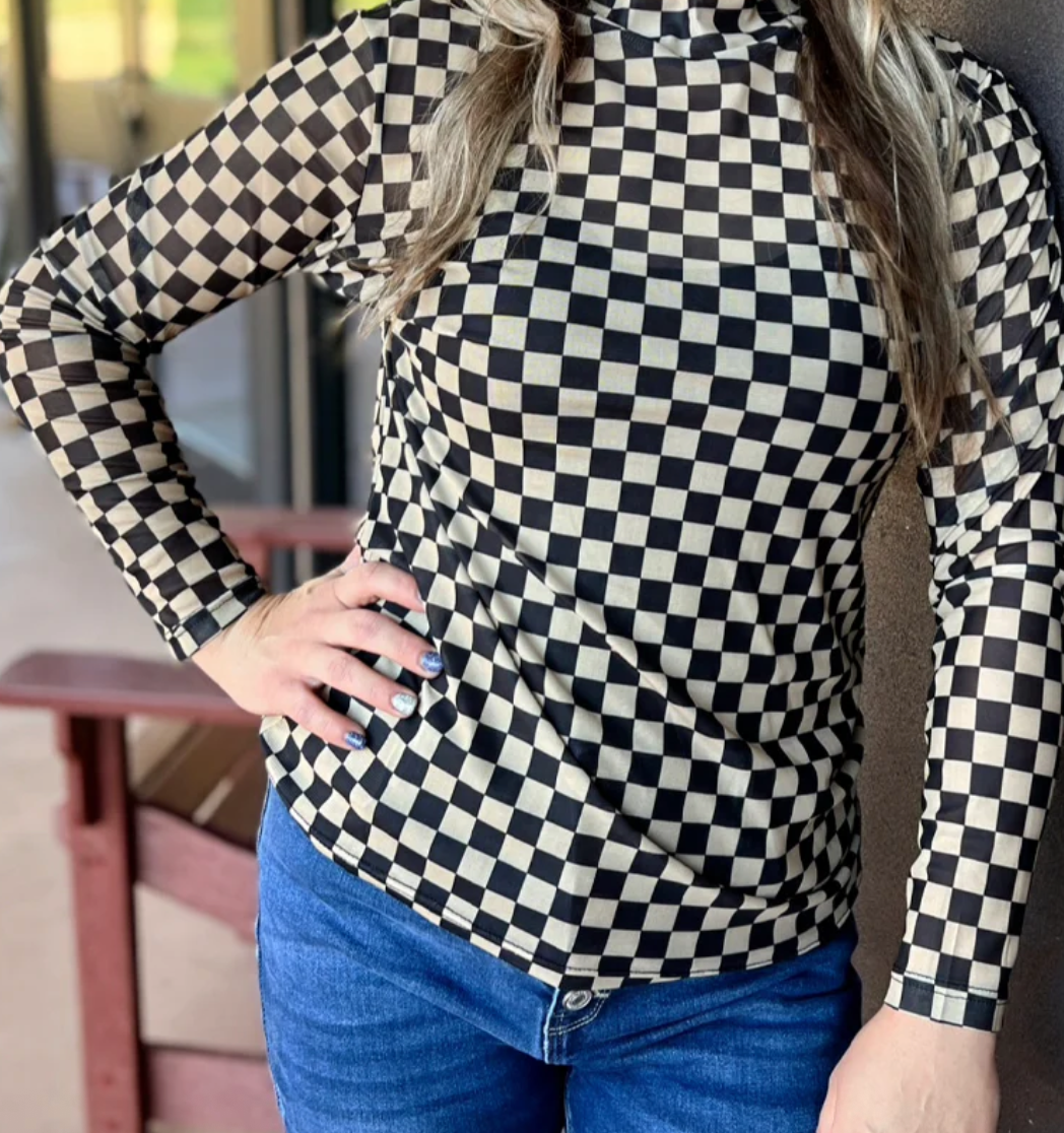 Black & Tan Checker Long Sleeve Mesh Top