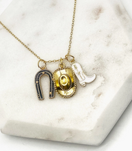 Load image into Gallery viewer, Gold Cowboy Hat, Boot, &amp; Horseshoe Necklace
