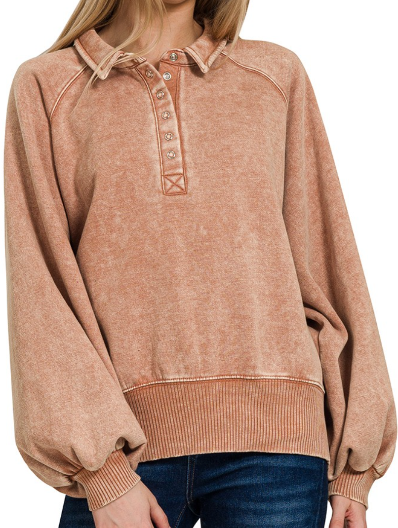 Rust Acid Wash Fleece Button-Up Collar Sweatshirt w/ Puff Sleeves
