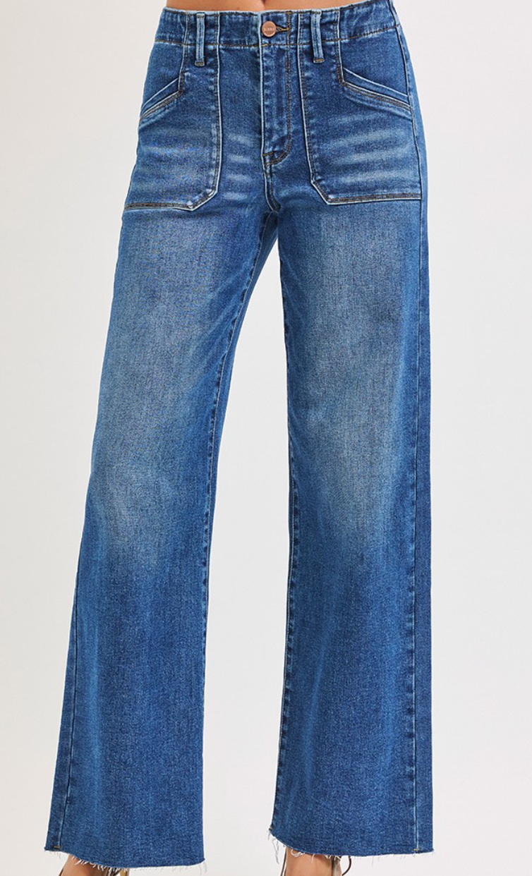 Mid-Rise Wide-Leg Jeans w/ Front Patch Pockets