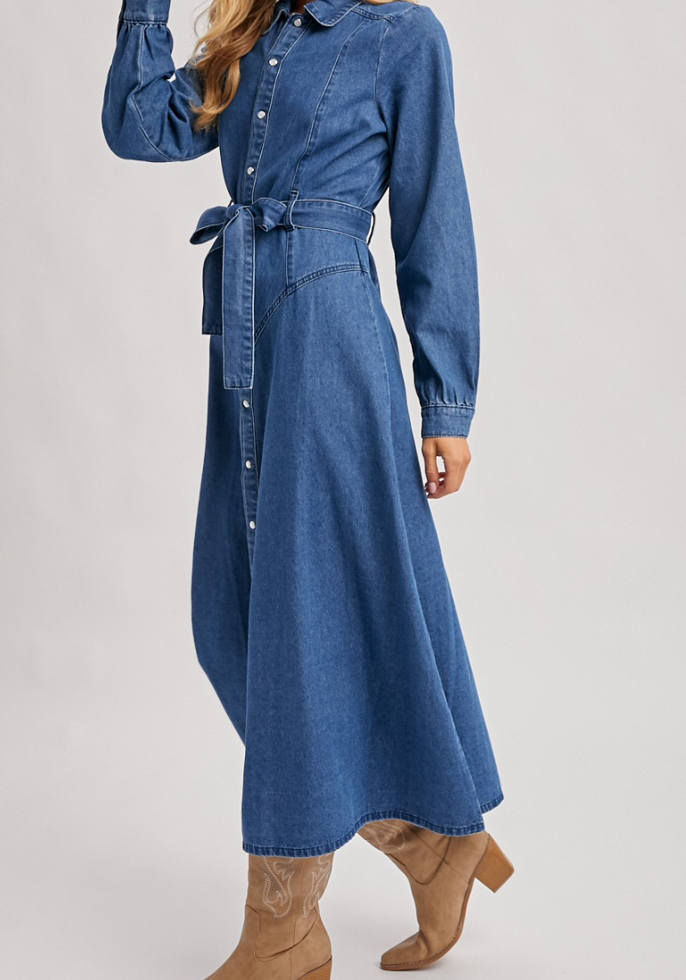 a line denim maxi dress Vestido Maxi Hallie Denim A Line - Deslavado Medio