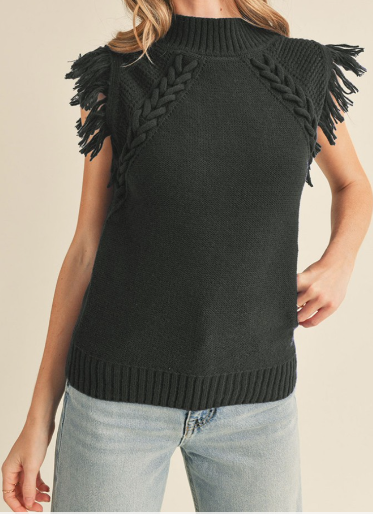 Black Sleeveless Fringe Shoulder Sweater