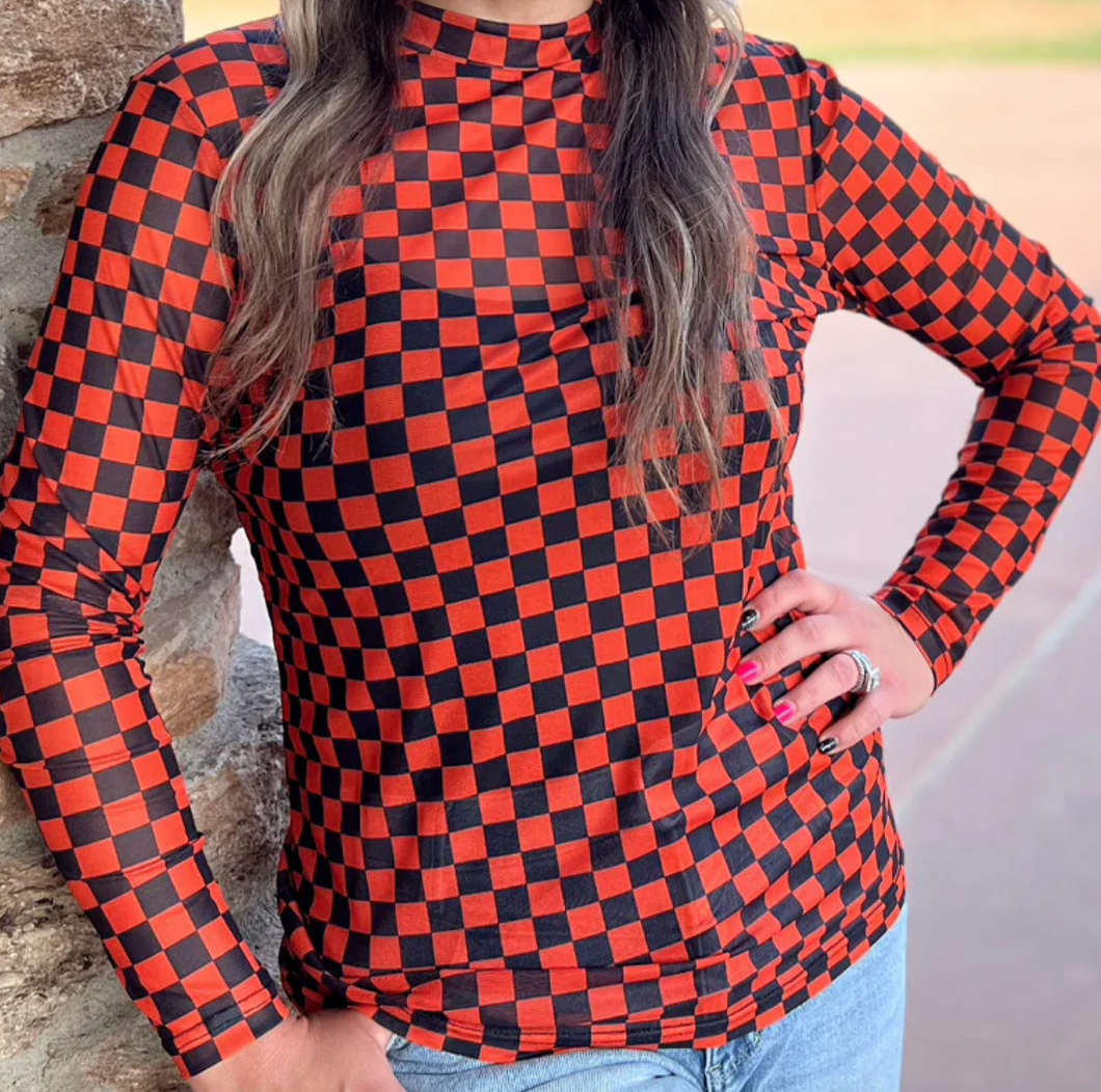 Black & Orange Checker Long Sleeve Mesh Top