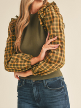Load image into Gallery viewer, Olive Plaid Ruffled Sleeve Sweater
