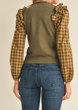 Load image into Gallery viewer, Olive Plaid Ruffled Sleeve Sweater
