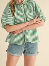 Load image into Gallery viewer, Green &amp; White Stripe Bubble Sleeve Button Down
