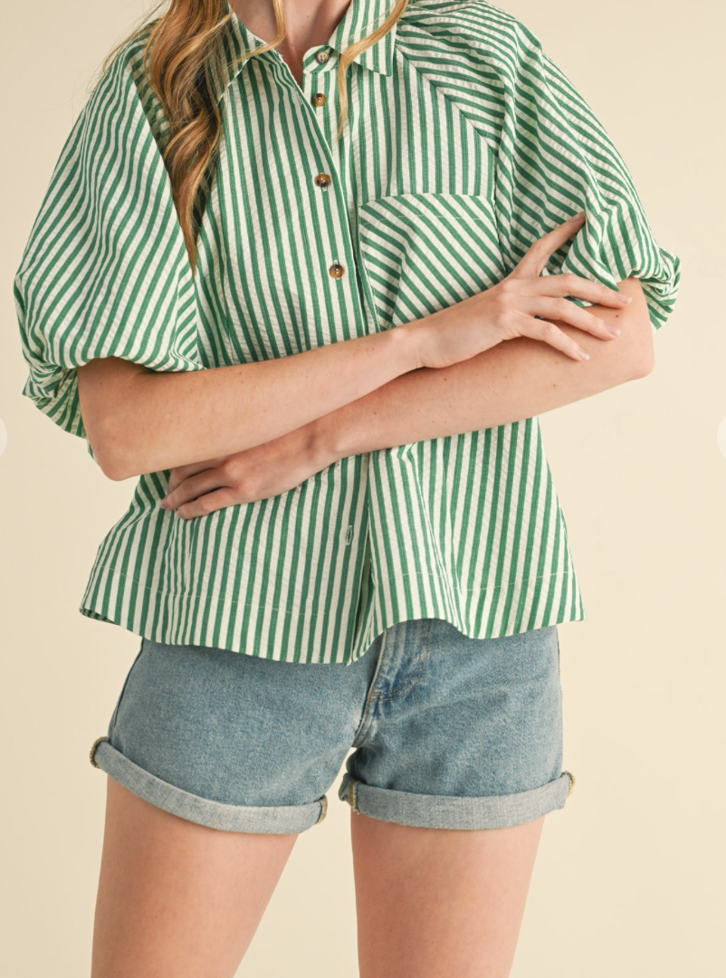 Green & White Stripe Bubble Sleeve Button Down