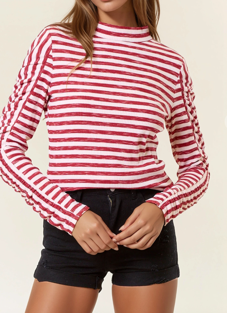 Brick & White Stripe Rib Mock Neck Long Sleeve