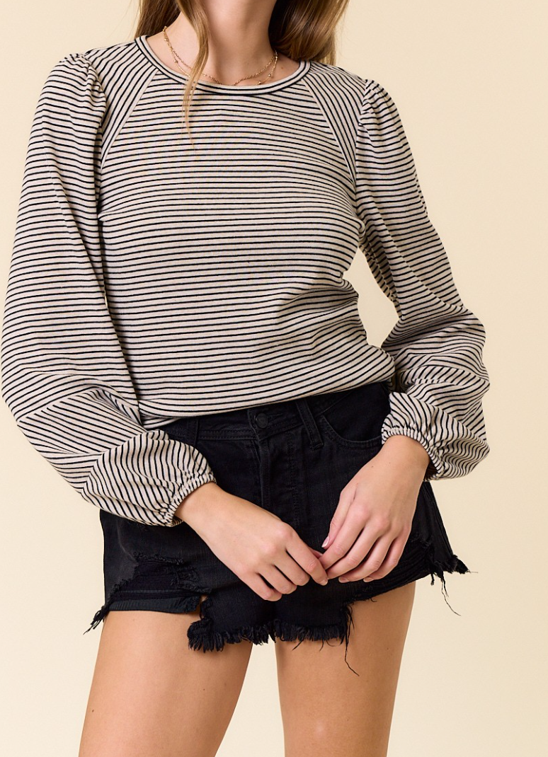 Oatmeal & Black Stripe Bubble Sleeve Top