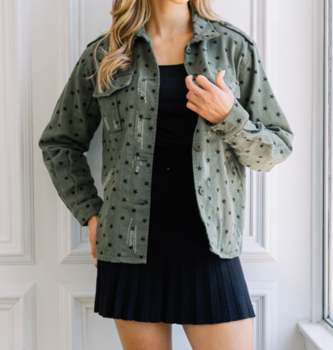 Olive Distressed Star Jacket