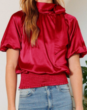 Load image into Gallery viewer, Ruby Smocked Satin Blouse w/ Mock Neck Bow Detail
