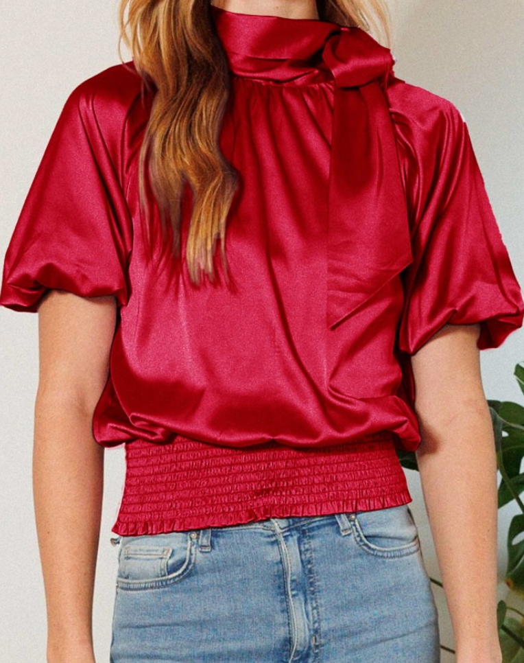 Ruby Smocked Satin Blouse w/ Mock Neck Bow Detail