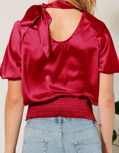 Load image into Gallery viewer, Ruby Smocked Satin Blouse w/ Mock Neck Bow Detail
