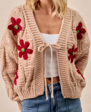 Load image into Gallery viewer, Oatmeal &amp; Flower Bow-Tie Cardigan Sweater
