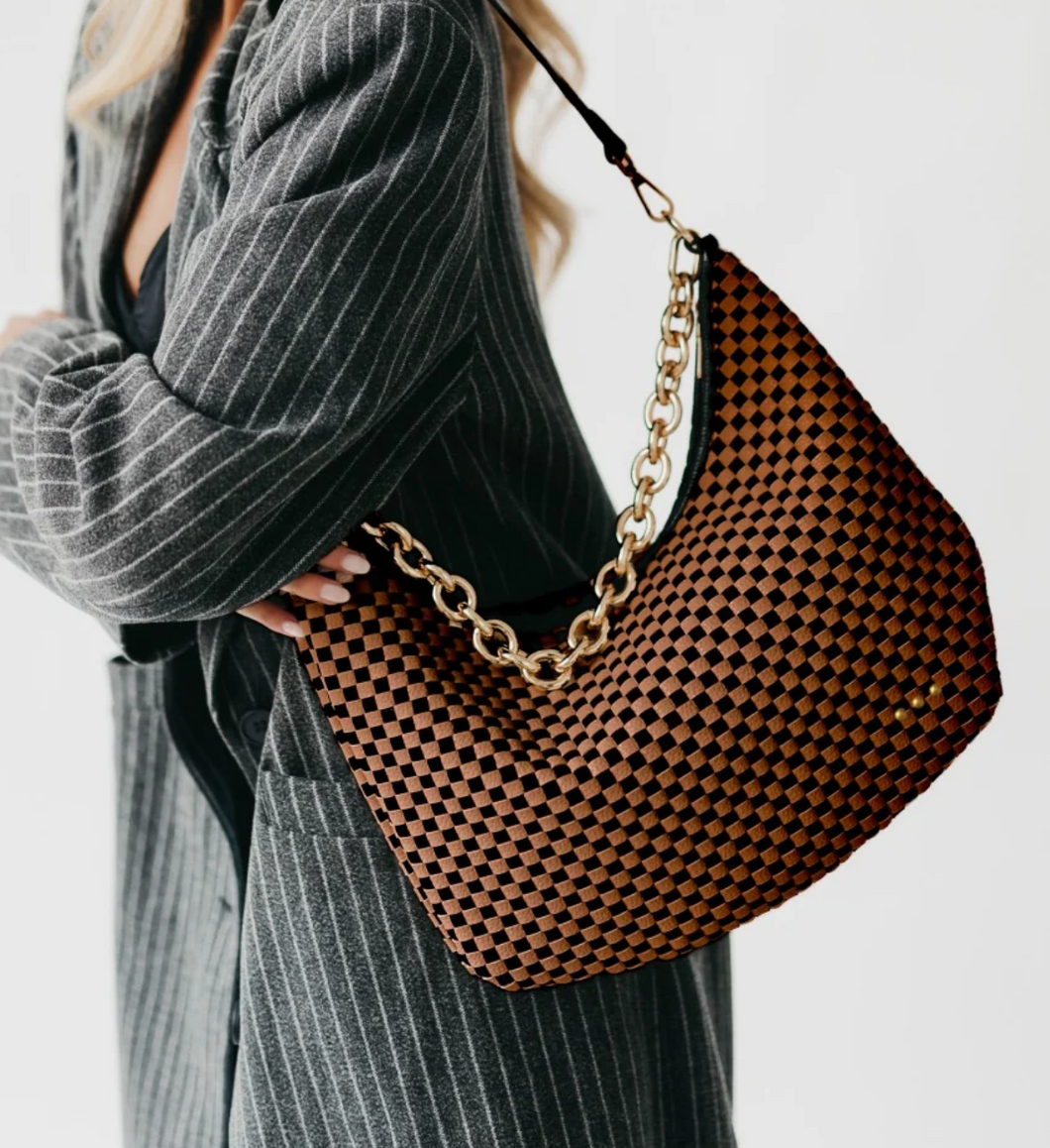 Coffee Checkered Slouchy Woven Shoulder Bag
