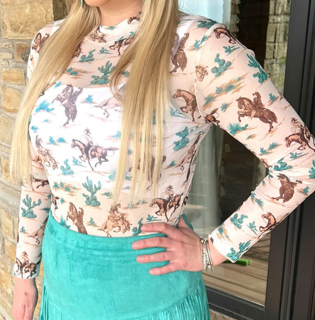 Cowboy & Bronc Long Sleeve Mesh Top