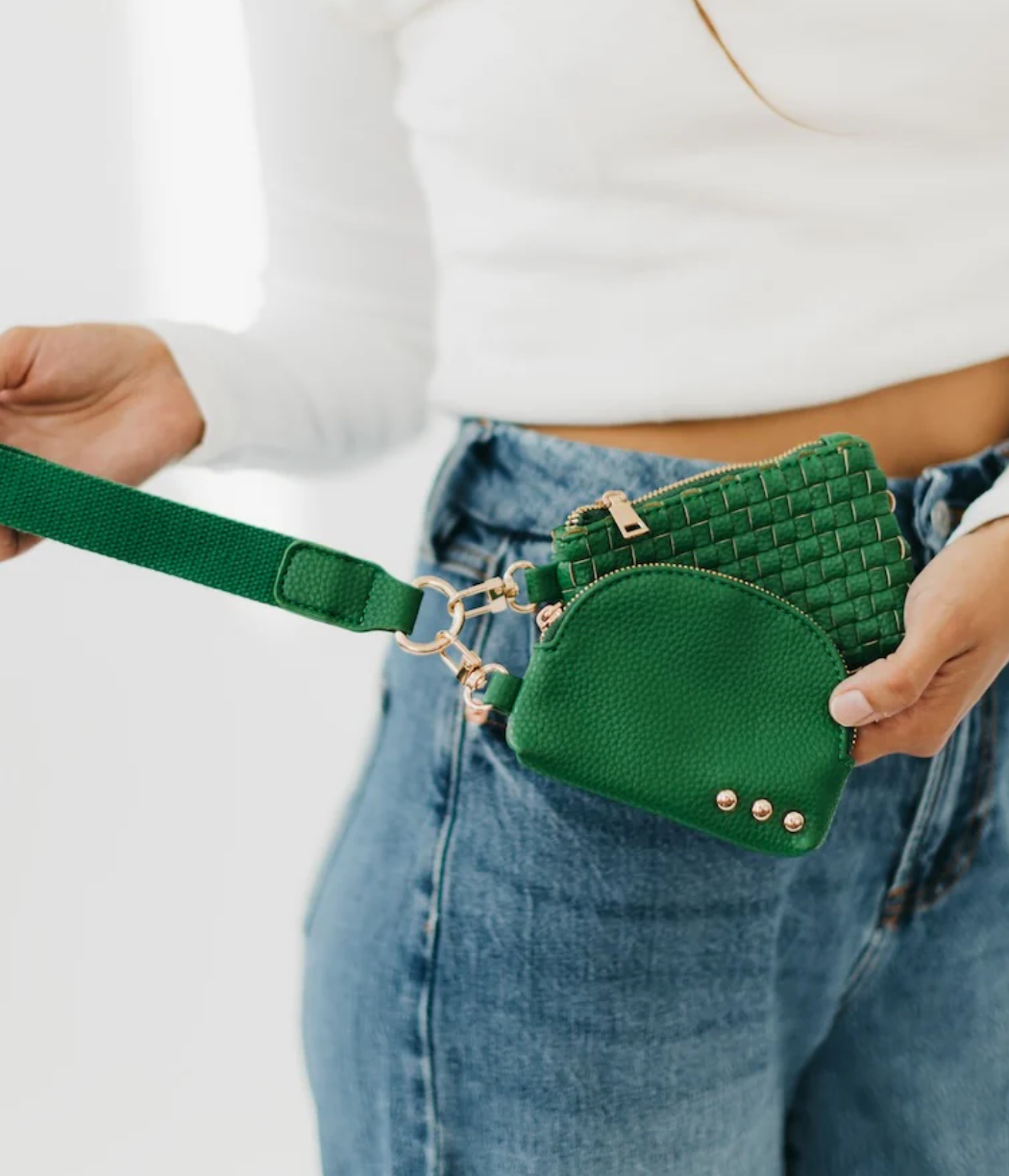 Emerald Green Woven Dual Pouch Wristlet