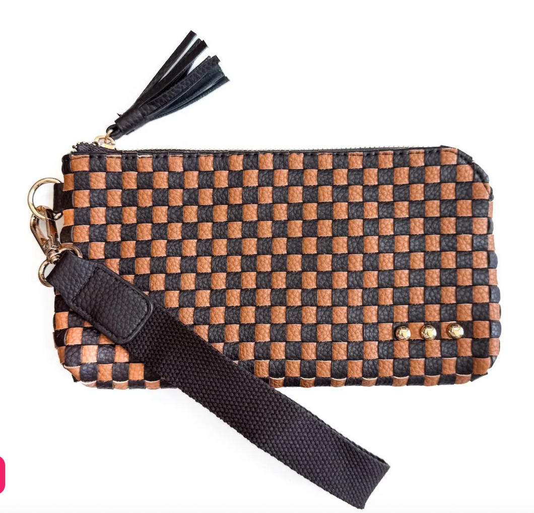 Checkered Coffee Woven Clutch Wristlet