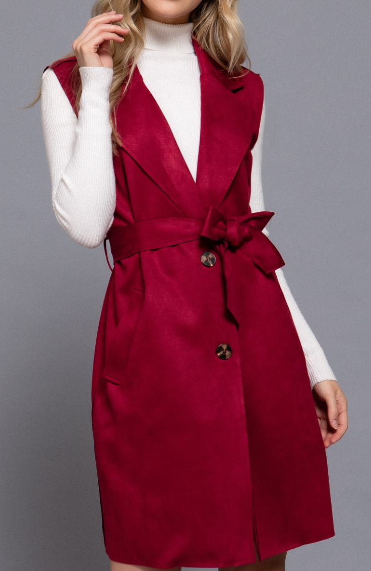 Burgundy Faux Suede Long Vest