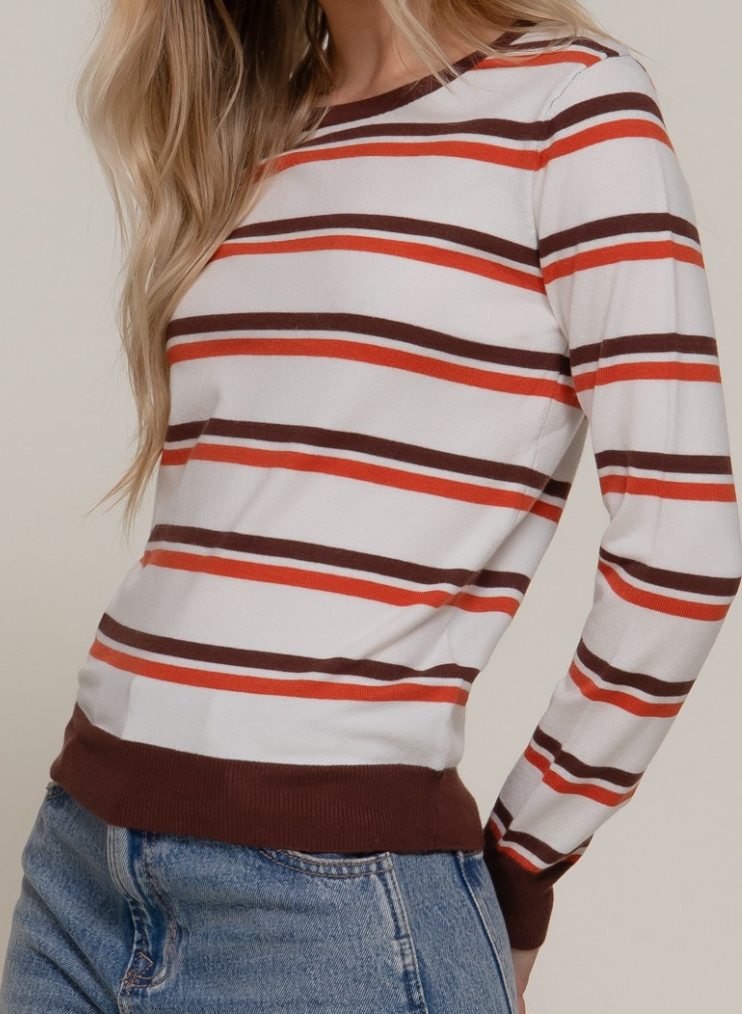Brown & Rust Stripe Round Neck Sweater