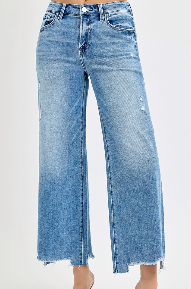 Medium Wash High-Rise Crop Wide-Leg Jeans