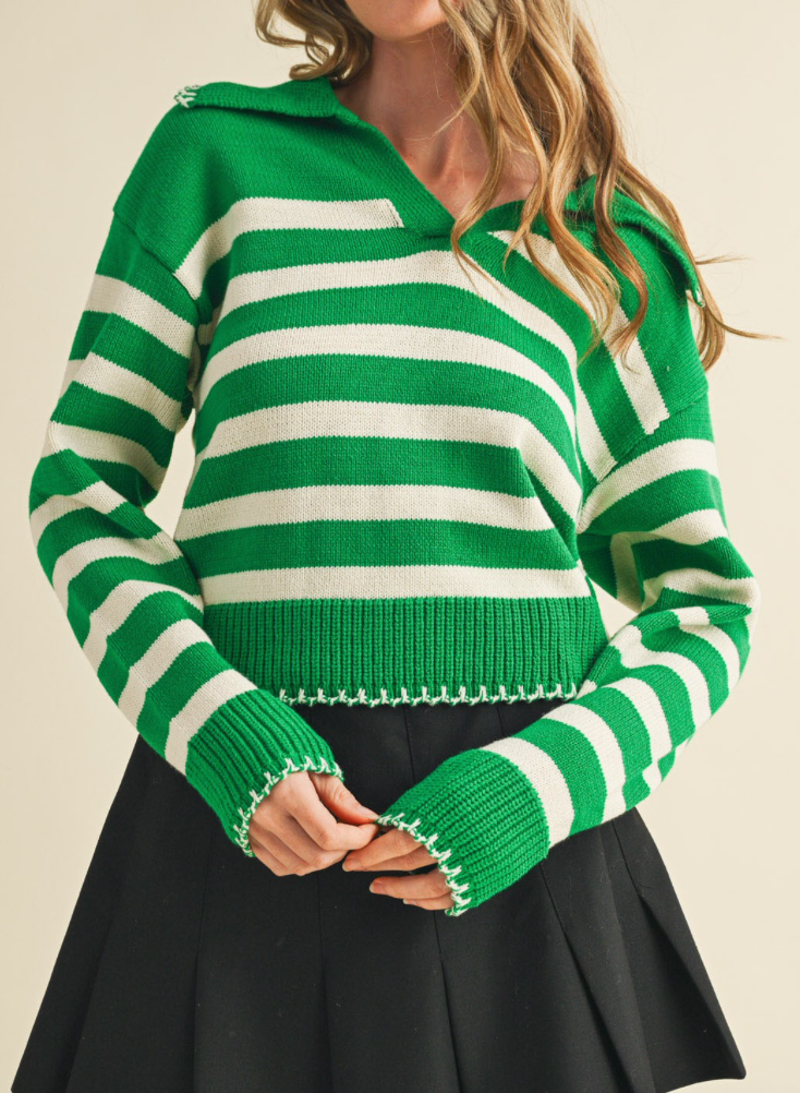 Green & White Stripe Collared Sweater w/ Blanket Stitch