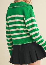 Load image into Gallery viewer, Green &amp; White Stripe Collared Sweater w/ Blanket Stitch
