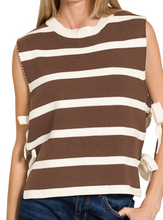 Load image into Gallery viewer, Brown and White Stripe Side Tie Sweater Vest
