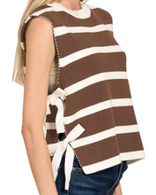 Load image into Gallery viewer, Brown and White Stripe Side Tie Sweater Vest
