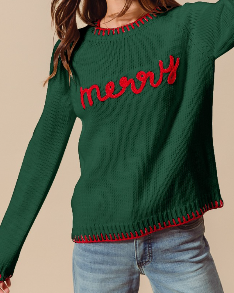 Green & Red Merry Tinsel Lettering Sweater