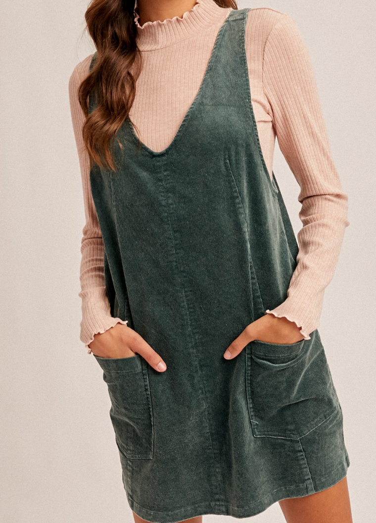 Hunter Green Snow Wash Corduroy Overall Dress STYLE HOUSE Boutique Hunter Green Snow Wash Corduroy Overall Dress STYLE HOUSE Boutique