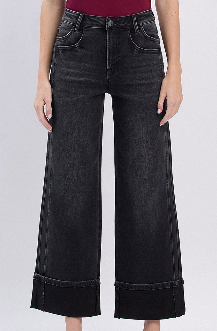Black Wide-Leg Cuffed Jeans