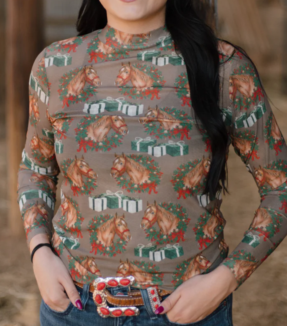 Horse & Wreath Western Mesh Long Sleeve Top