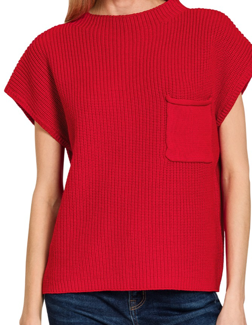 Red Mock Neck Sleeveless Sweater