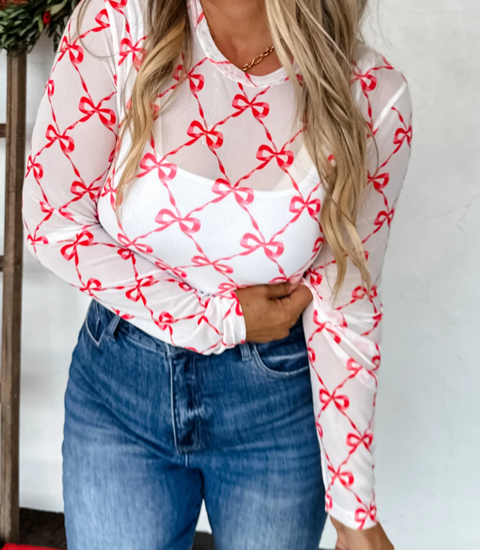 Red Bow Mesh Long Sleeve Top