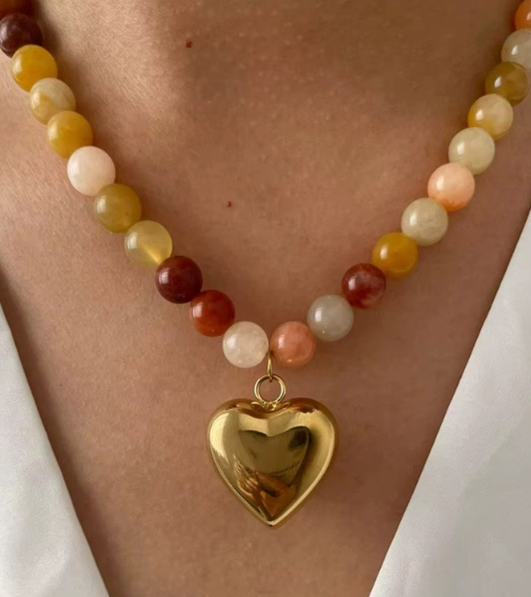 Multi-Color Natural Stone Necklace w/ Heart Pendant