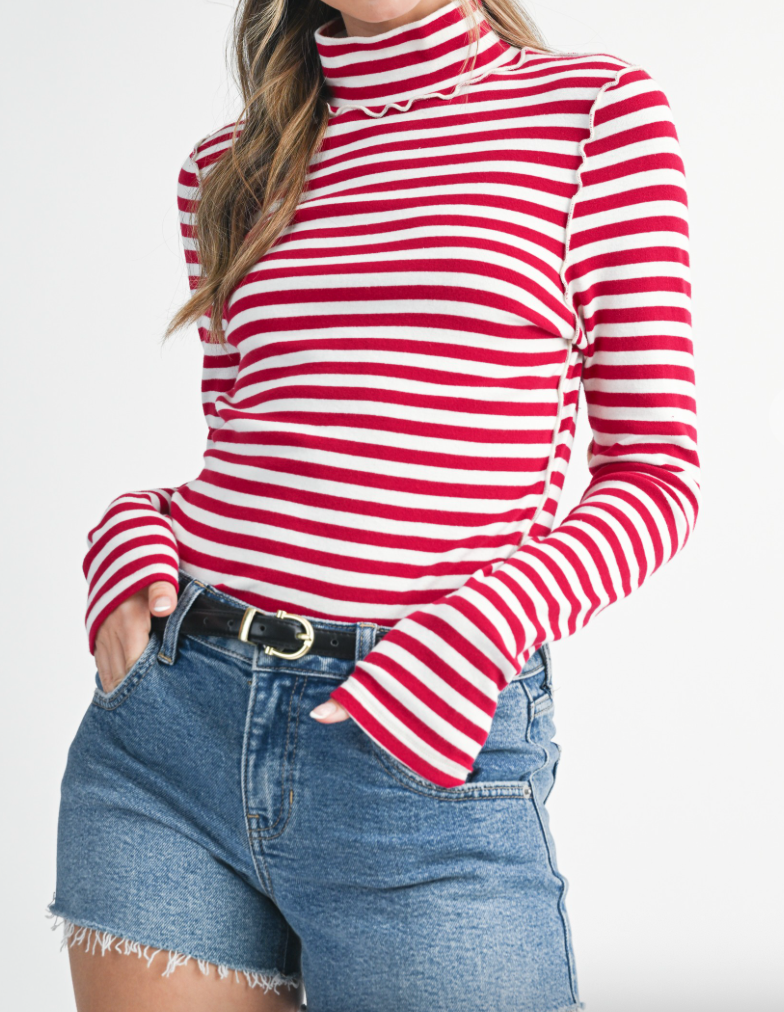 Red & White Stripe Mock Neck w/ White