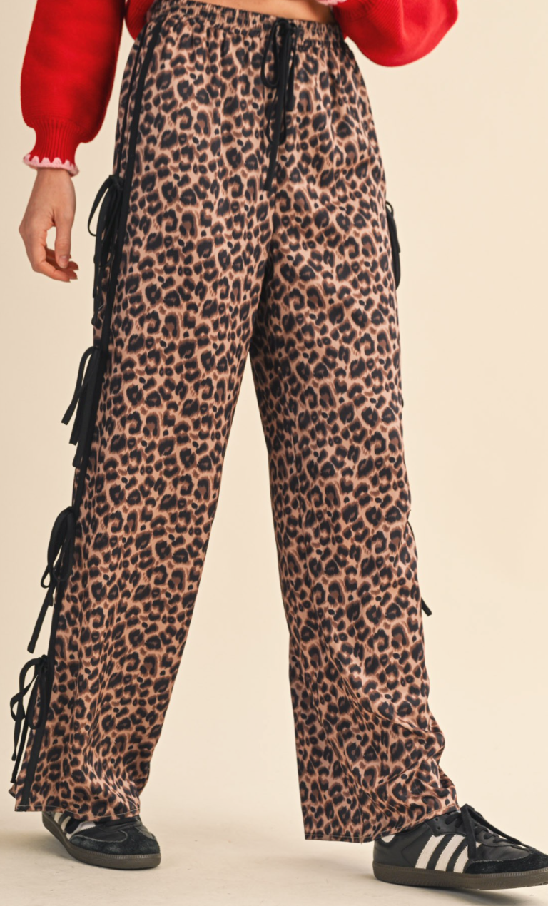 Animal Print Side Tying Wide Leg Pants