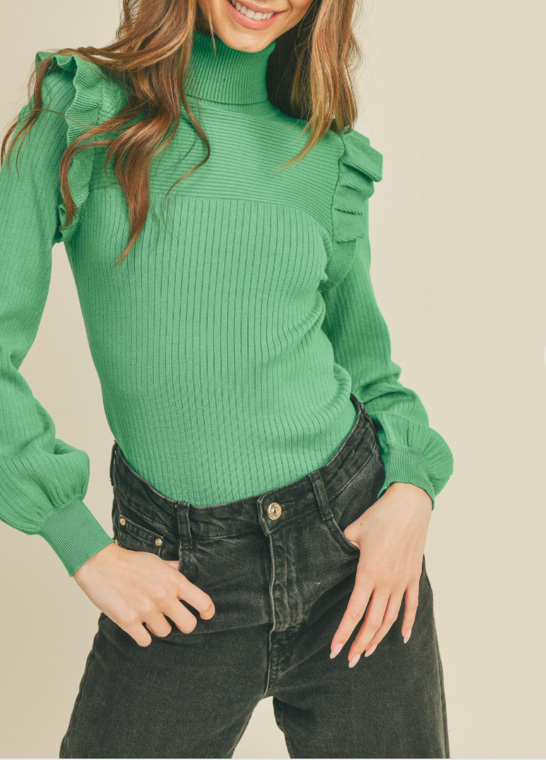 Green Shoulder Ruffle Long Sleeve